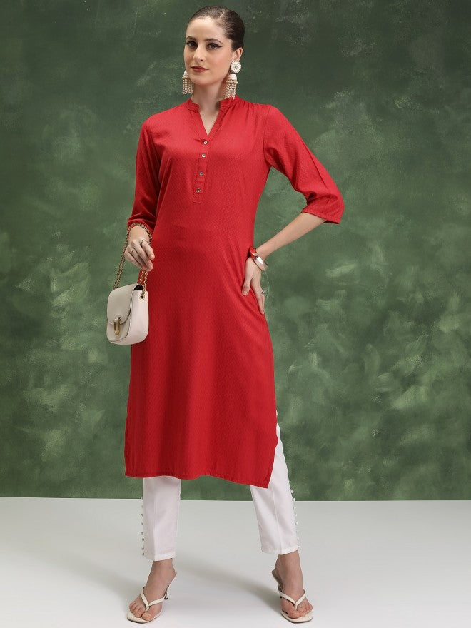Vishudh Women Red Solid Straight Kurta - Red - Image 1