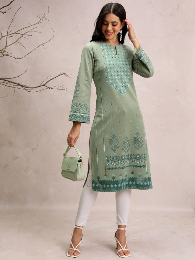 Vishudh Women Green Printed Straight Kurta - Green - Image 1