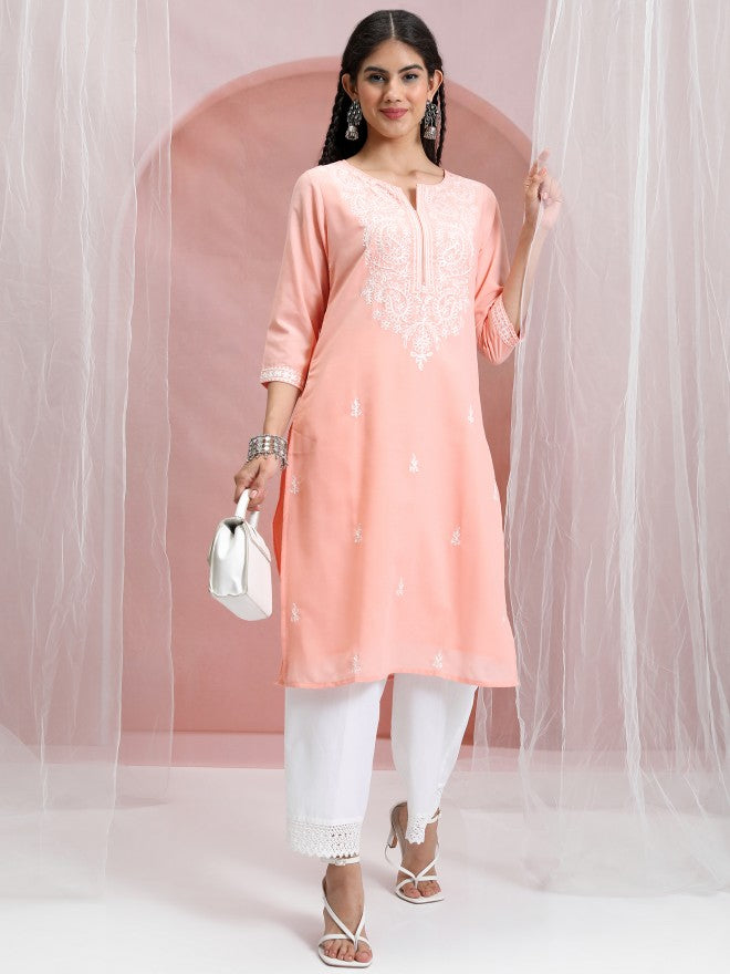 Vishudh Women Peach Embroidered Straight Kurta - Peach - Image 1