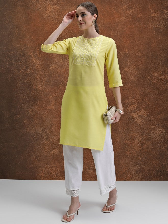 Vishudh Women Yellow Embroidered Straight Kurta - Yellow - Image 1