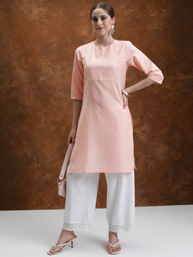 Vishudh Women Peach Embroidered Straight Kurta - Peach - Image 1