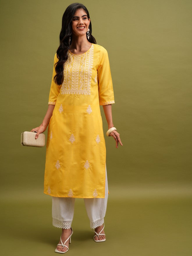 Vishudh Women Yellow Embroidered Straight Kurta - Yellow - Image 1