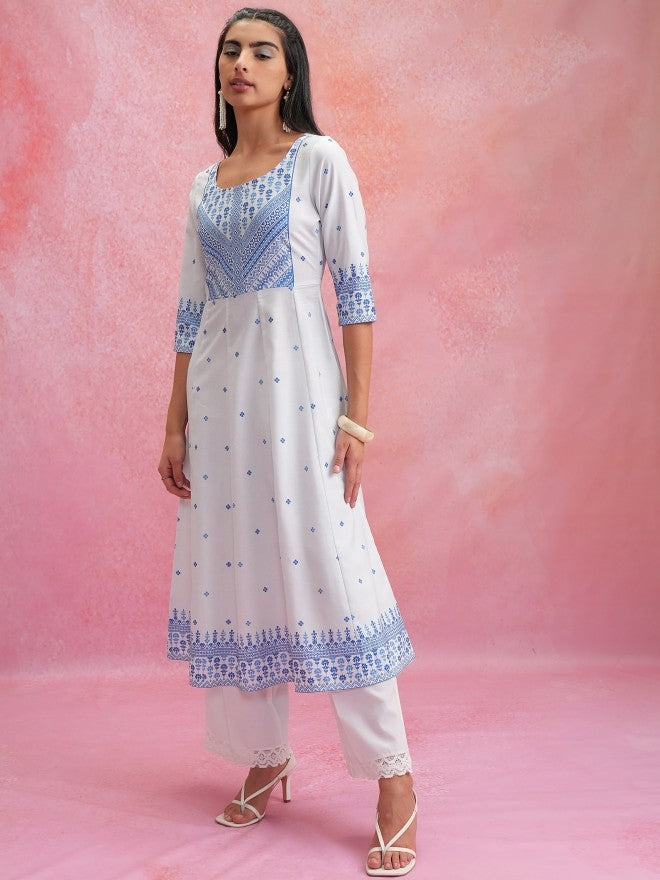 Vishudh Women White Printed Anarkali Kurta - White - Image 2