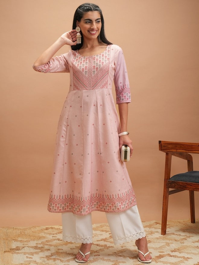 Vishudh Women Pink Printed Anarkali Kurta - Pink - Image 1