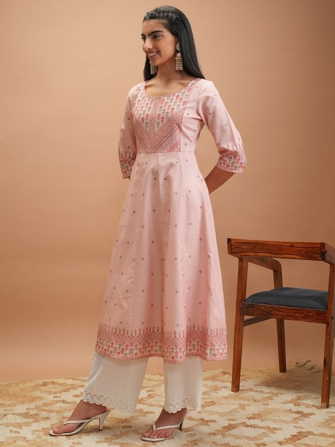 Vishudh Women Pink Printed Anarkali Kurta - Pink - Image 2