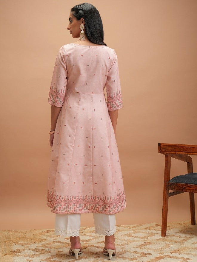 Vishudh Women Pink Printed Anarkali Kurta - Pink - Image 3