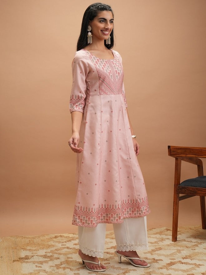 Vishudh Women Pink Printed Anarkali Kurta - Pink - Image 4