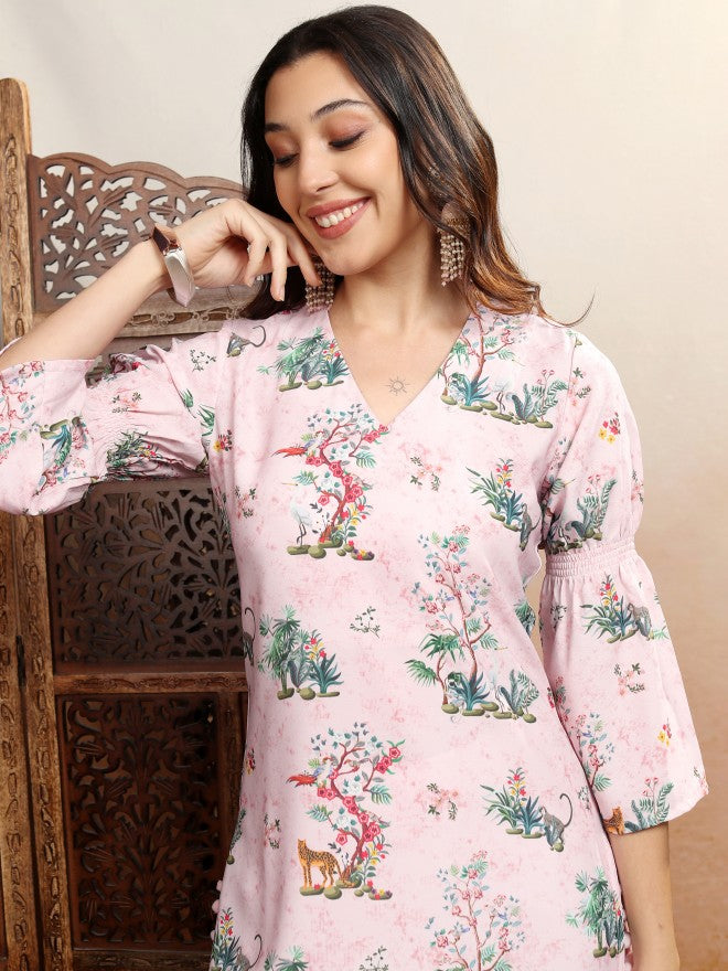 Vishudh Women Pink Printed Straight Kurta - Pink - Image 1