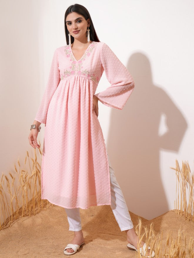 Vishudh Women Pink Embroidered A-Line Kurta - Pink - Image 1