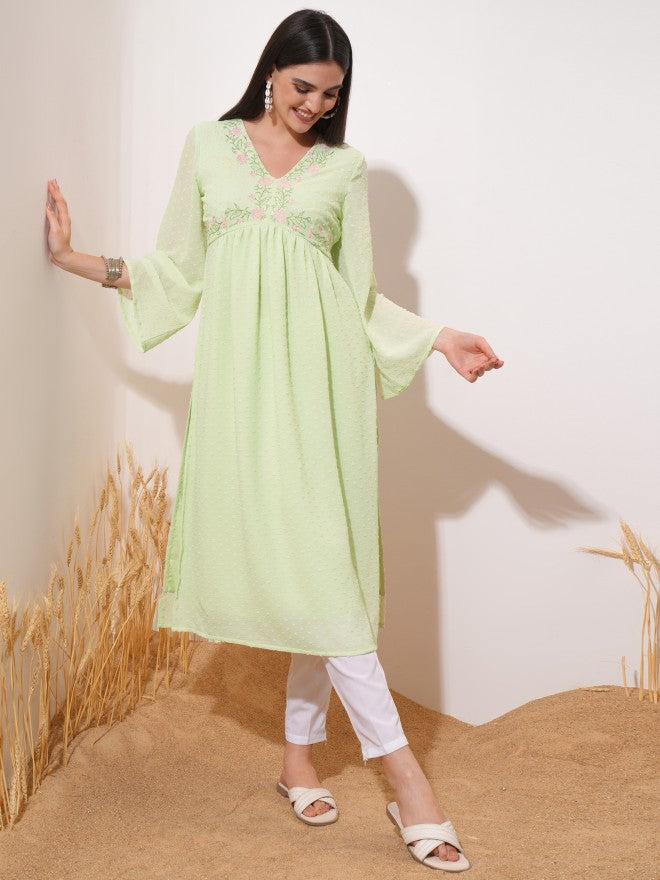 Vishudh Women Green Embroidered A-Line Kurta - Green - Image 1