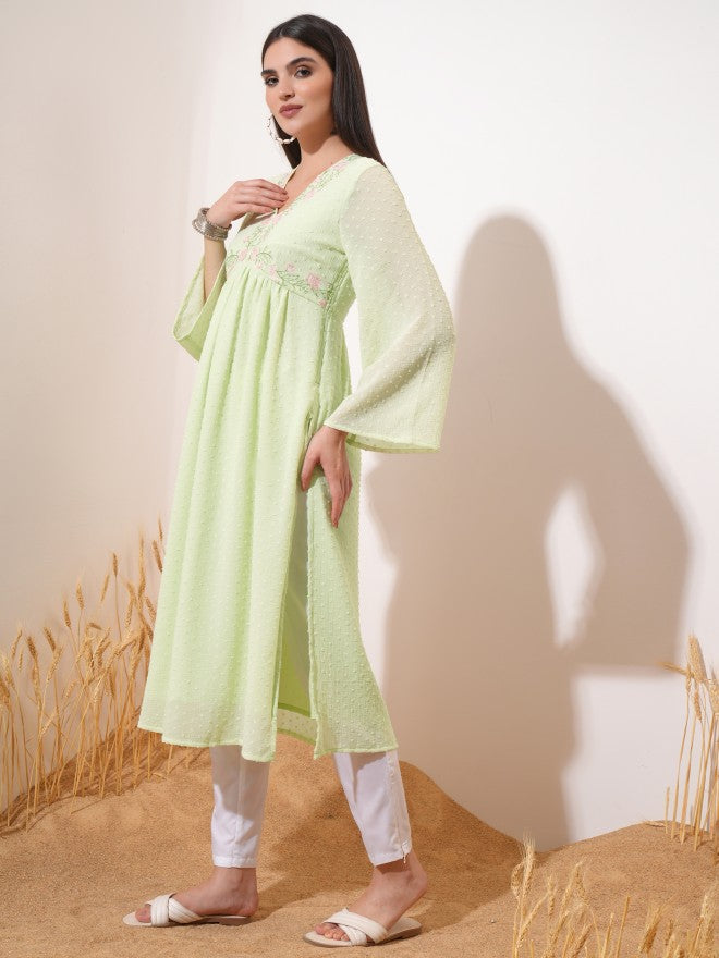 Vishudh Women Green Embroidered A-Line Kurta - Green - Image 2