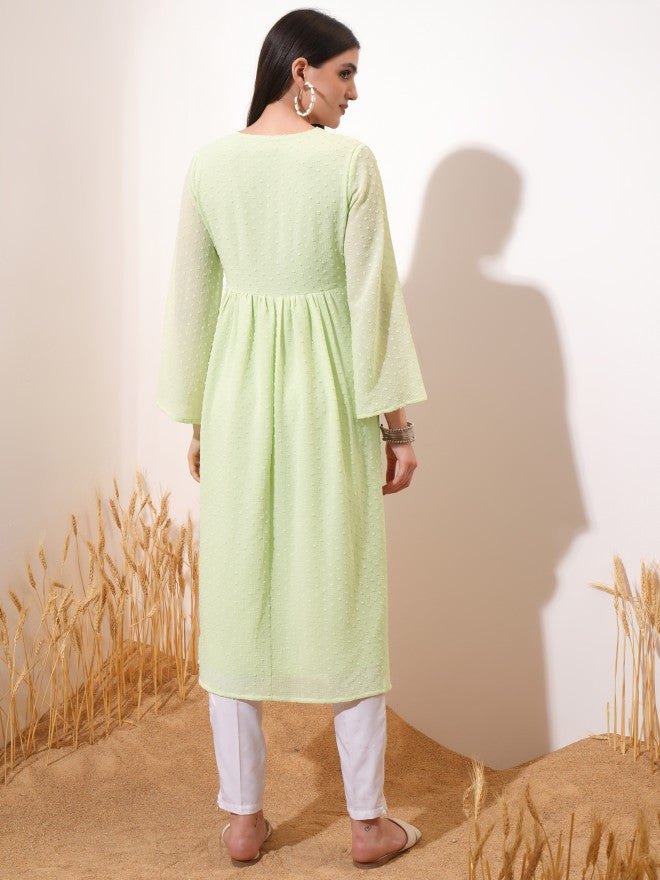 Vishudh Women Green Embroidered A-Line Kurta - Green - Image 3