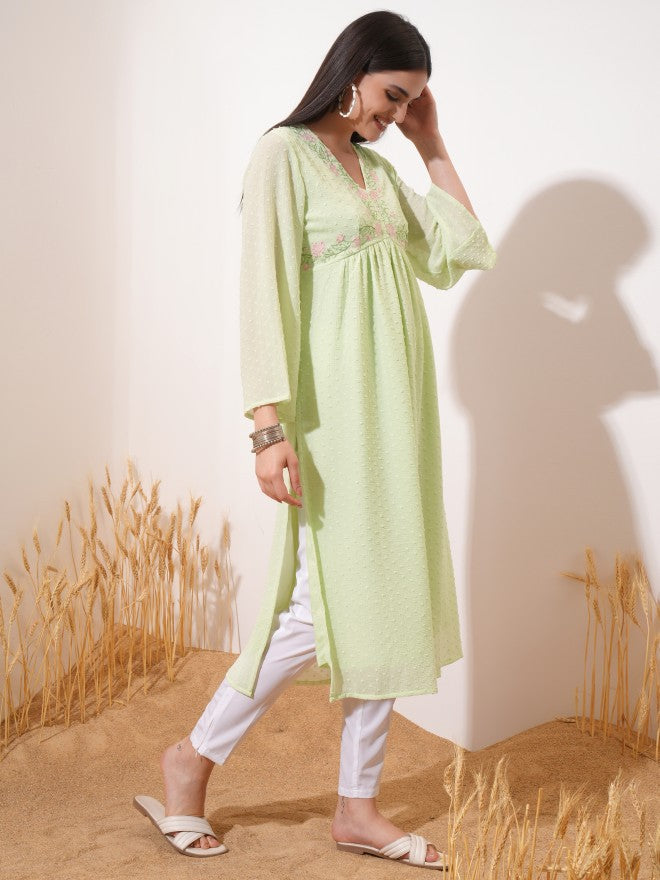 Vishudh Women Green Embroidered A-Line Kurta - Green - Image 4