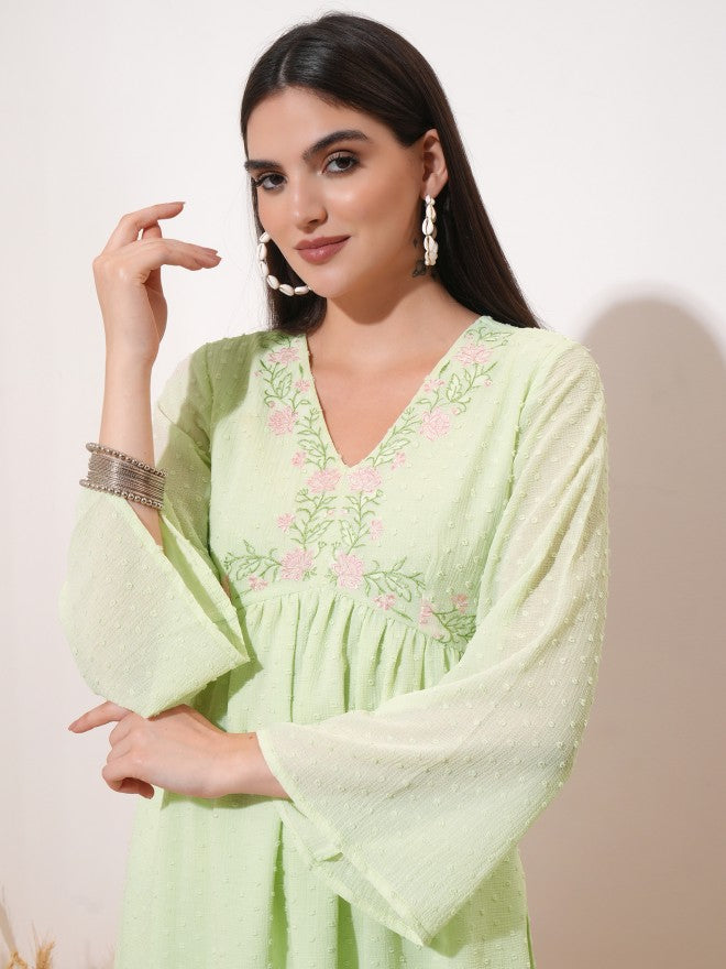 Vishudh Women Green Embroidered A-Line Kurta - Green - Image 6