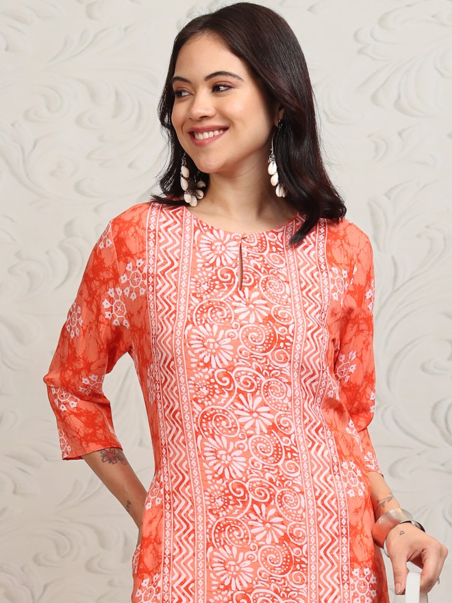 Vishudh Women Peach Printed A-Line Kurta - Peach - Image 1