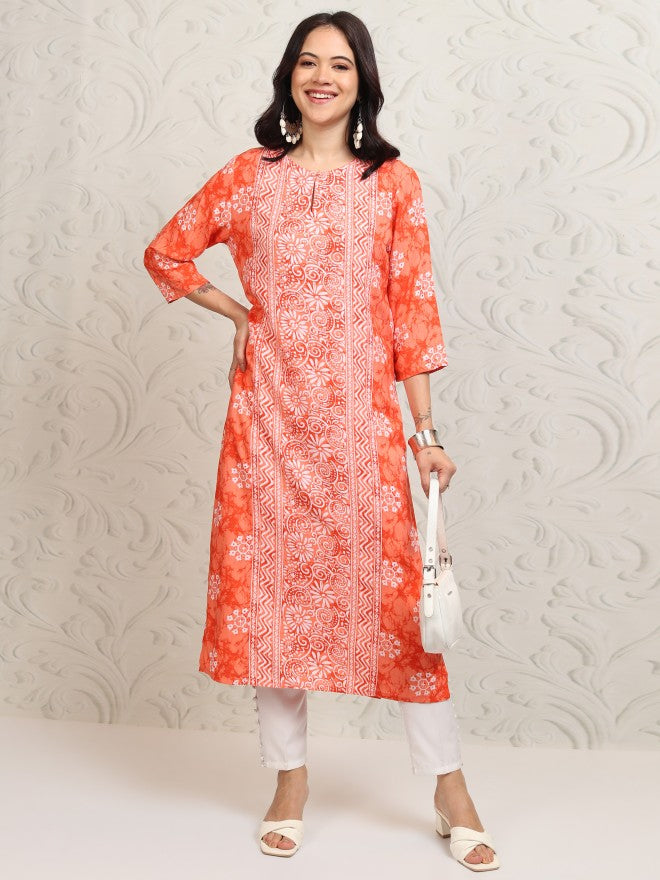 Vishudh Women Peach Printed A-Line Kurta - Peach - Image 2
