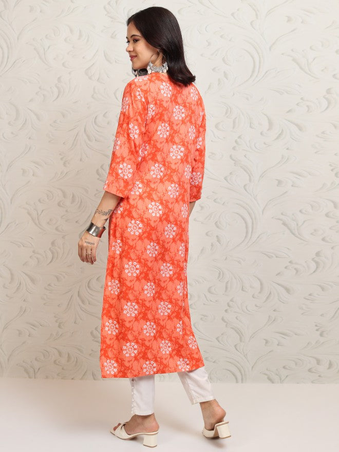 Vishudh Women Peach Printed A-Line Kurta - Peach - Image 3