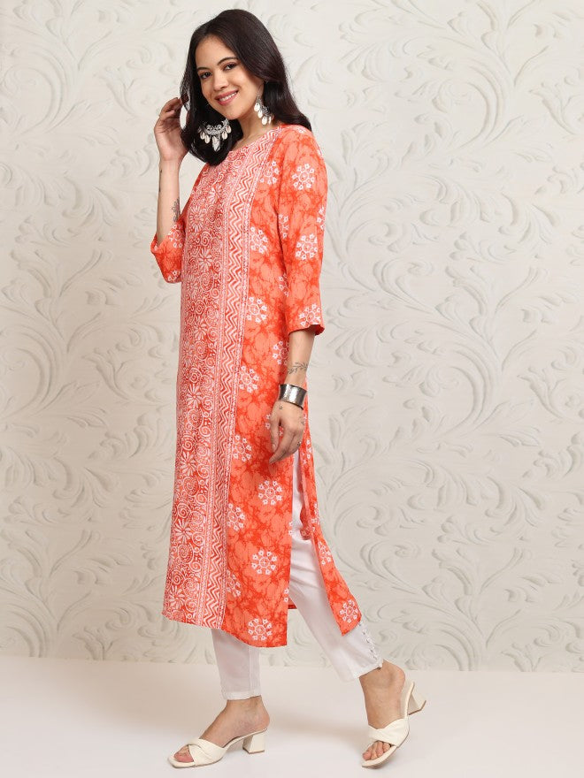 Vishudh Women Peach Printed A-Line Kurta - Peach - Image 4