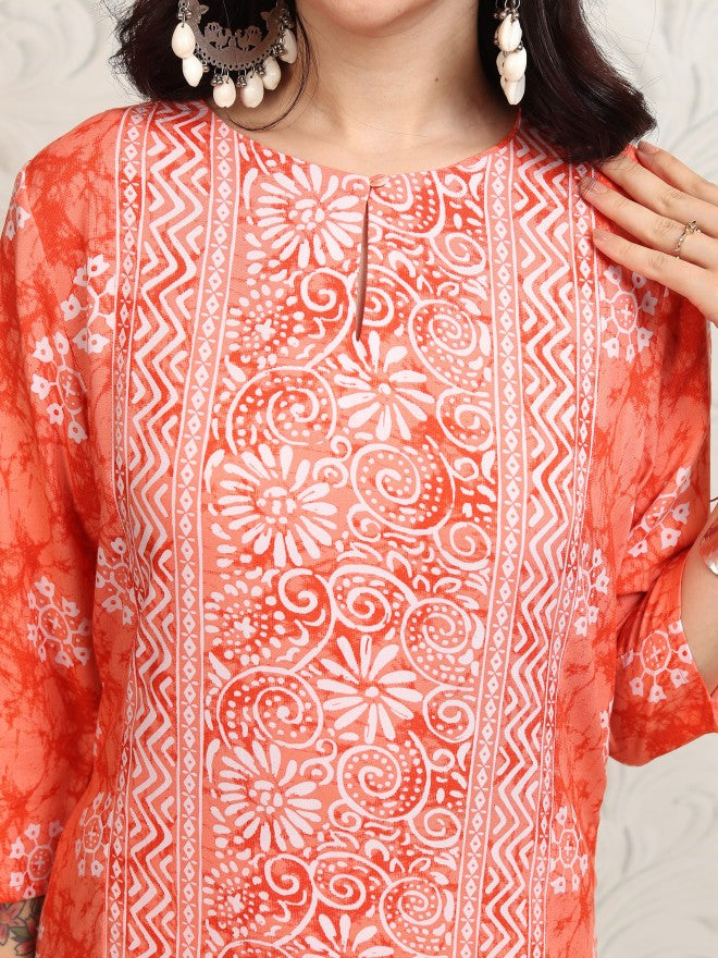 Vishudh Women Peach Printed A-Line Kurta - Peach - Image 5