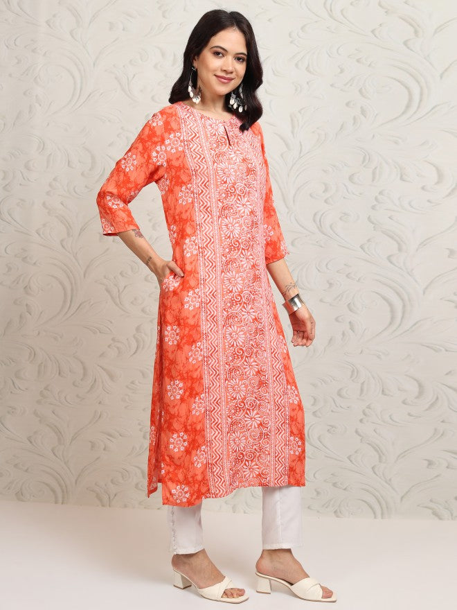 Vishudh Women Peach Printed A-Line Kurta - Peach - Image 6