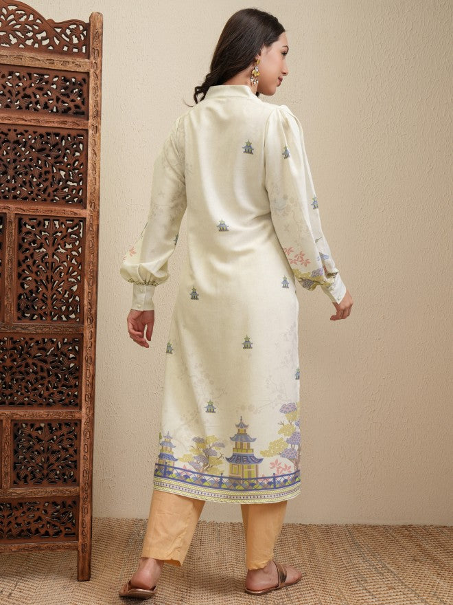 Vishudh Women Cream Printed Straight Dress - Cream - Image 3
