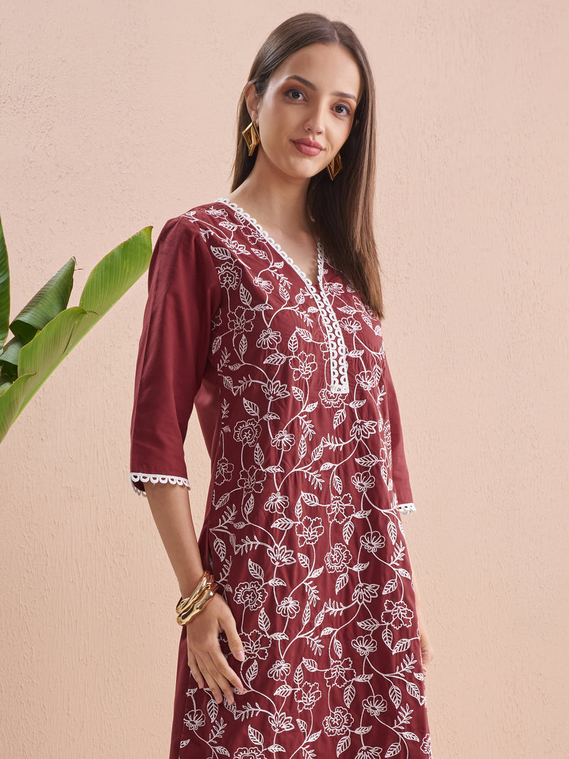 Vishudh Women Burgundy Embroidered Straight Kurta - Burgundy - Image 1