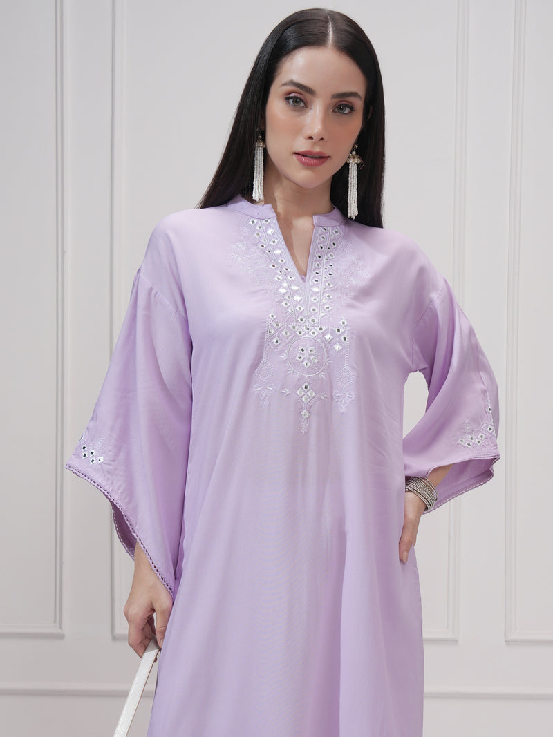 Vishudh Women Purple Embroidered A-Line Kurta - Purple - Image 1