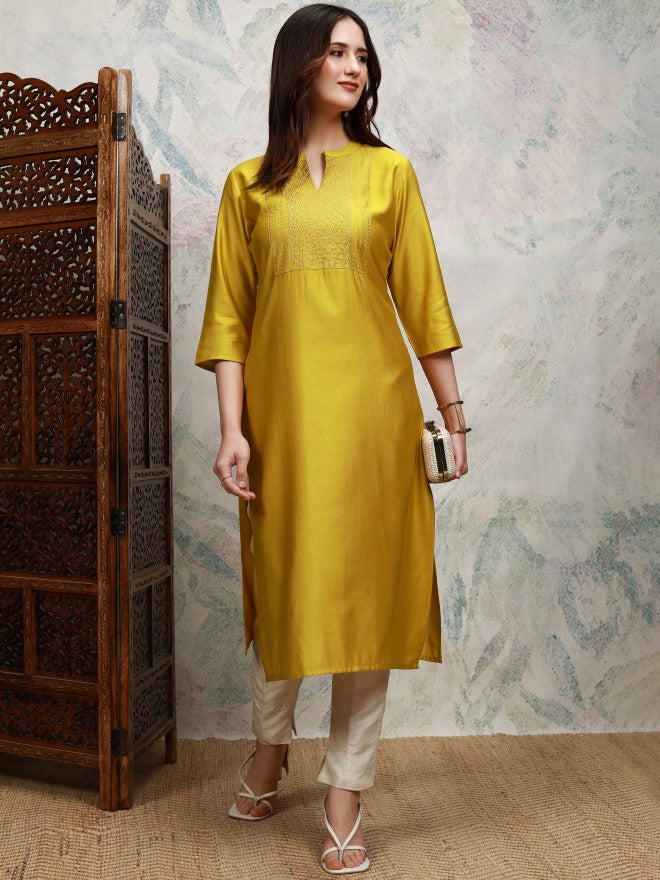 Vishudh Women Mustard Embroidered Straight Kurta - Mustard - Image 2