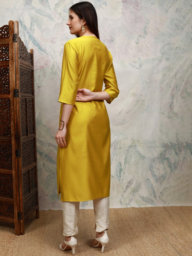 Vishudh Women Mustard Embroidered Straight Kurta - Mustard - Image 3