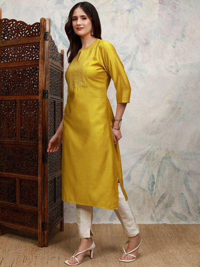 Vishudh Women Mustard Embroidered Straight Kurta - Mustard - Image 4