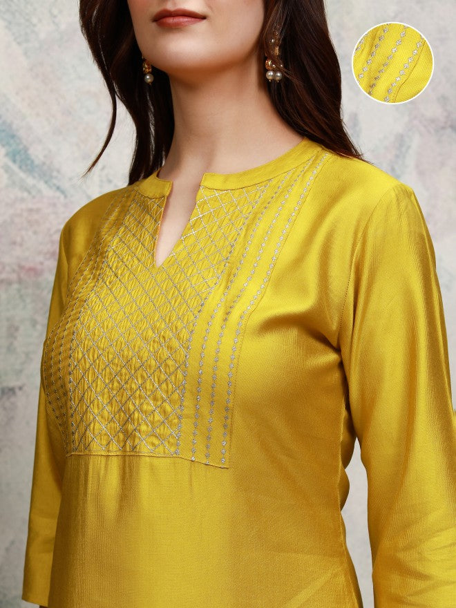 Vishudh Women Mustard Embroidered Straight Kurta - Mustard - Image 5