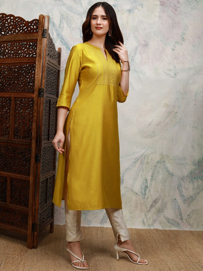 Vishudh Women Mustard Embroidered Straight Kurta - Mustard - Image 6