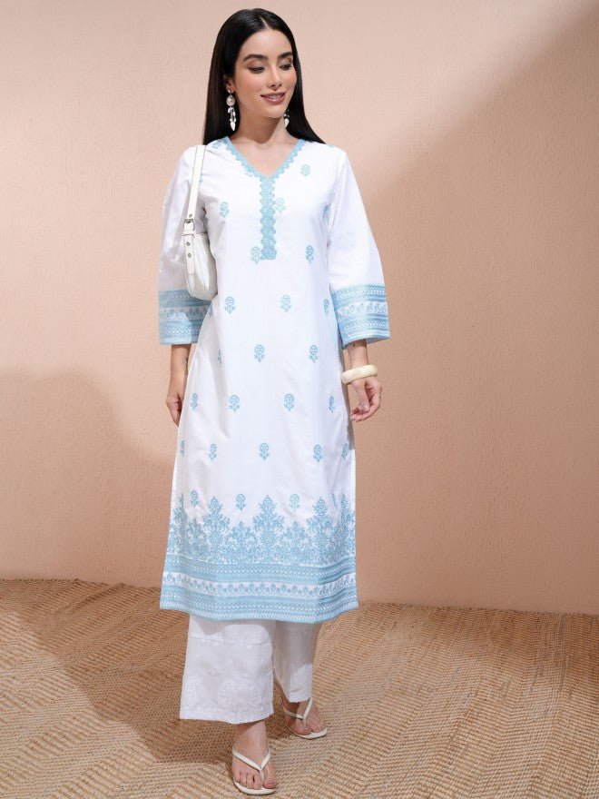 Vishudh Women White Embroidered Straight Kurta - White - Image 1
