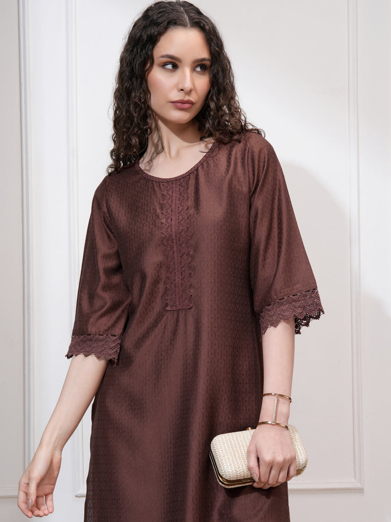 Vishudh Women Brown Self Design Straight Kurta - Brown - Image 1