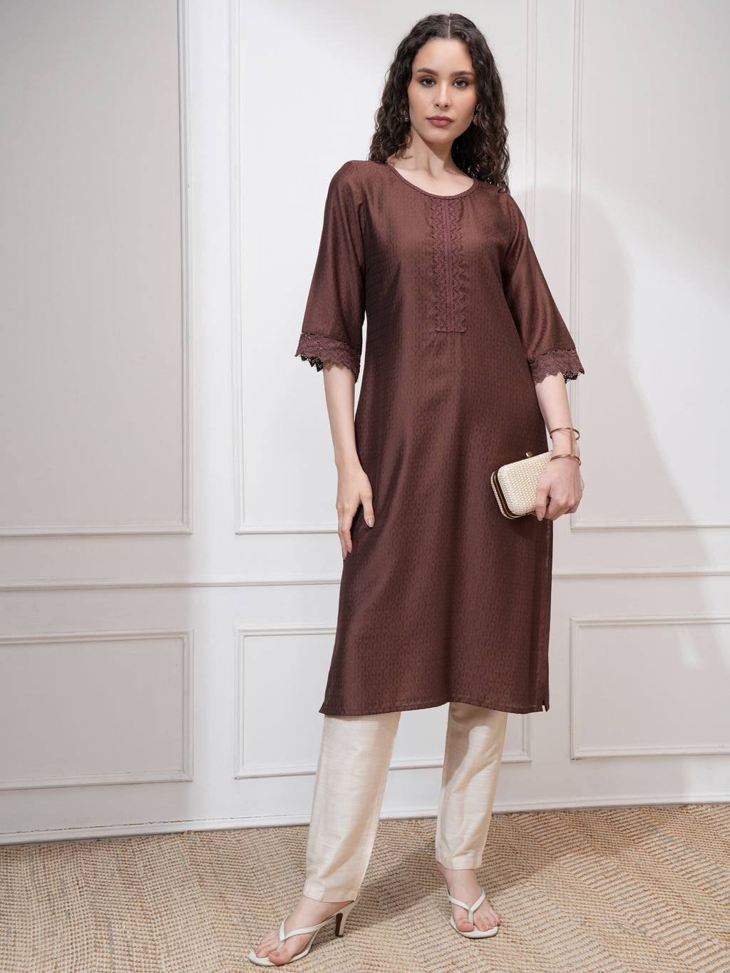 Vishudh Women Brown Self Design Straight Kurta - Brown - Image 2
