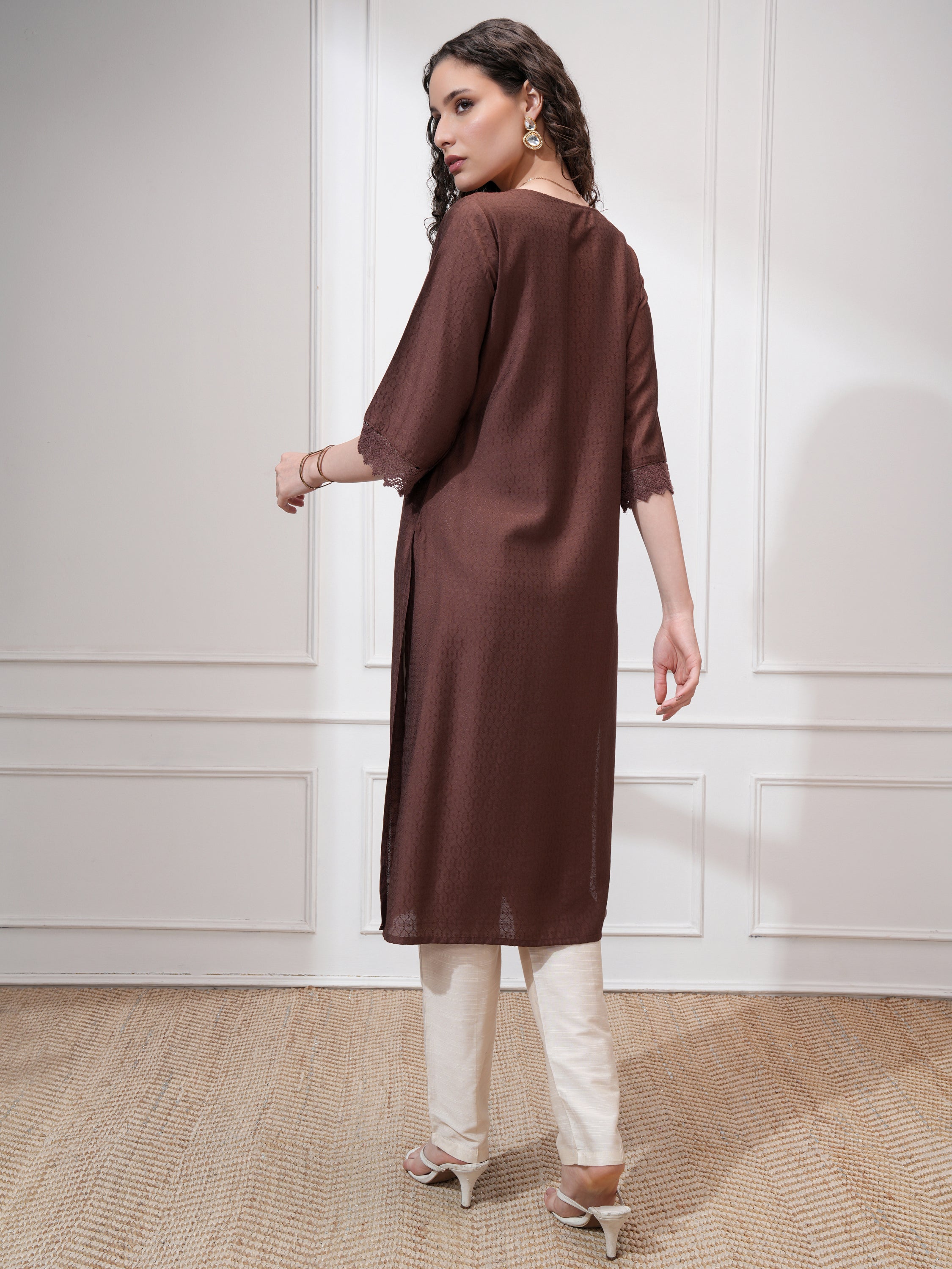 Vishudh Women Brown Self Design Straight Kurta - Brown - Image 3