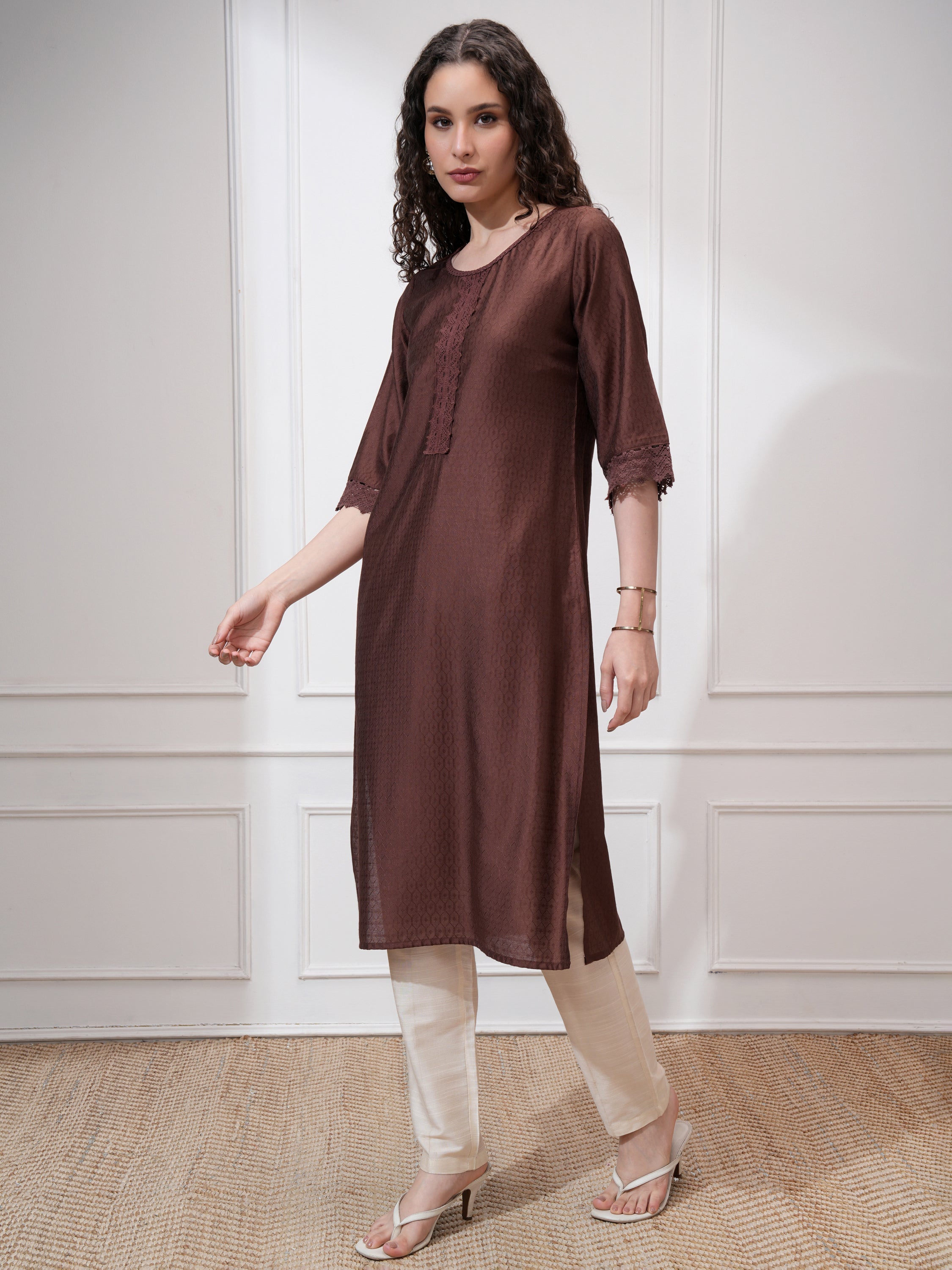 Vishudh Women Brown Self Design Straight Kurta - Brown - Image 4