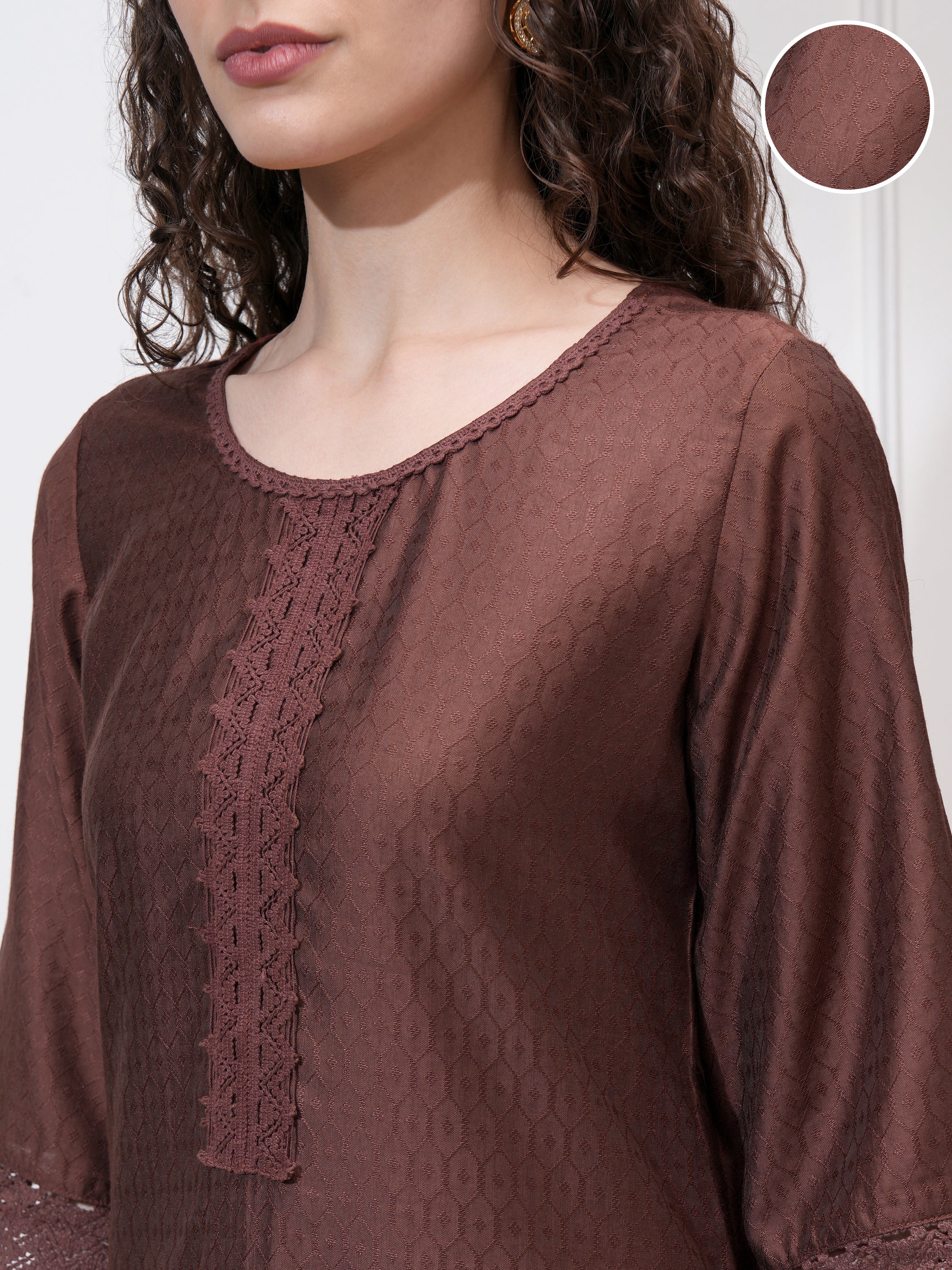 Vishudh Women Brown Self Design Straight Kurta - Brown - Image 5