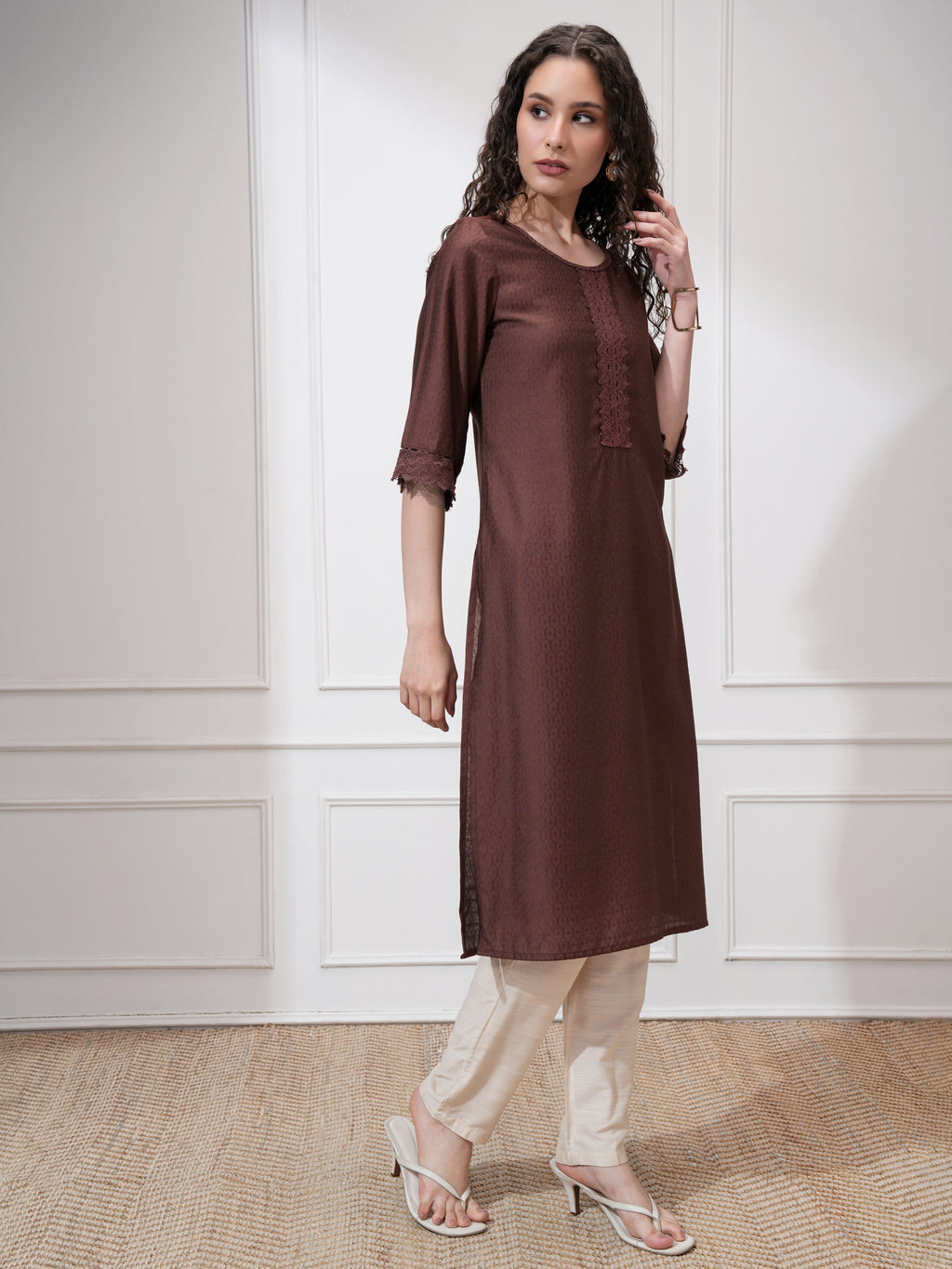Vishudh Women Brown Self Design Straight Kurta - Brown - Image 6