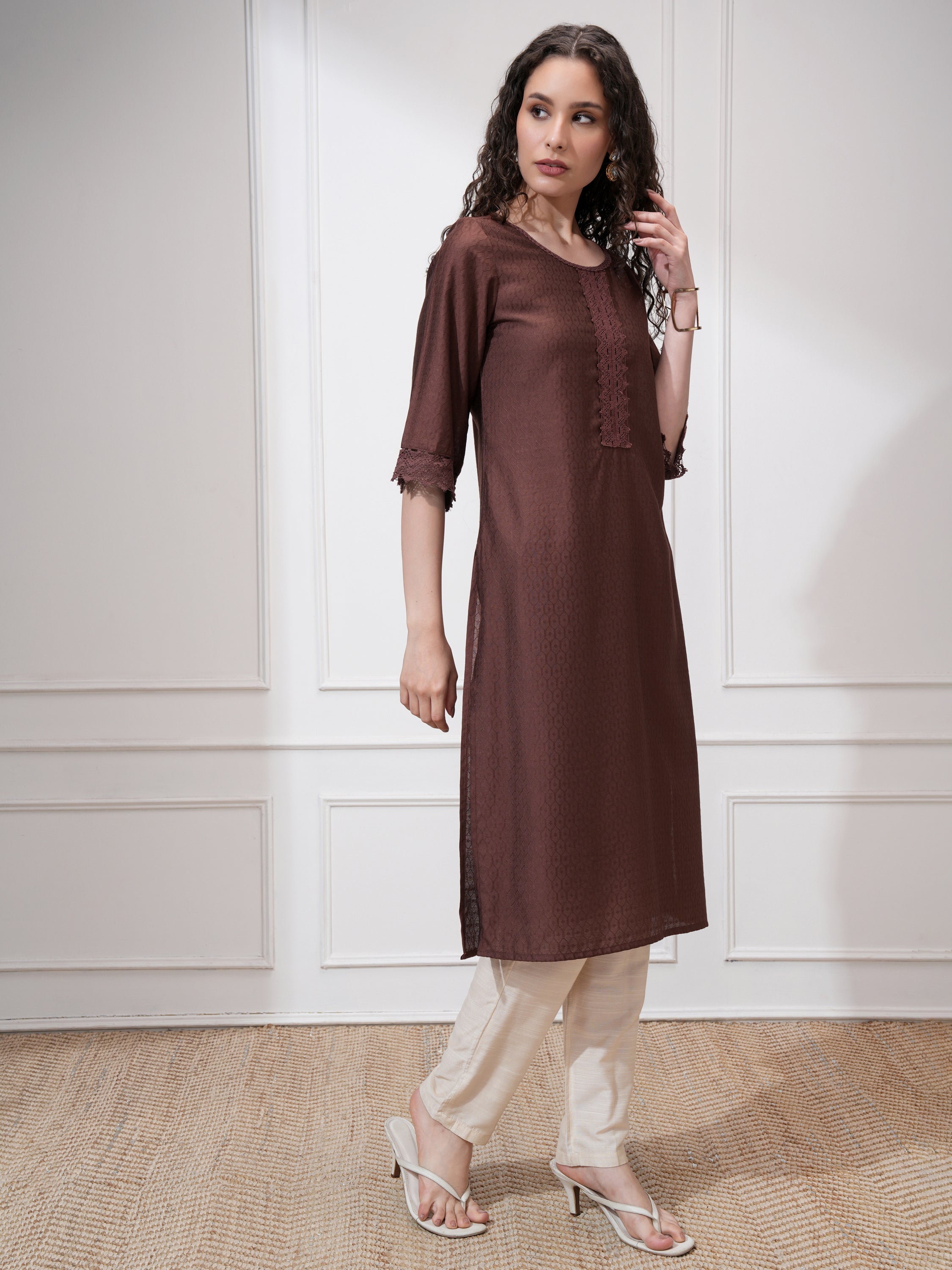 Vishudh Women Brown Self Design Straight Kurta - Brown - Image 6