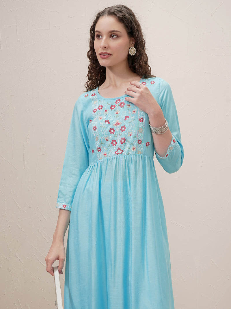 Vishudh Women Blue Embroidered A-Line Kurta - Blue - Image 1