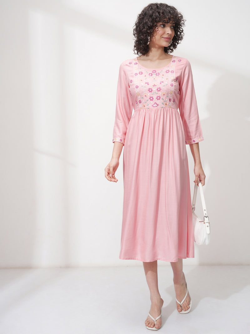 Vishudh Women Pink Embroidered A-Line Kurta - Pink - Image 1