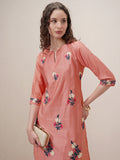 Vishudh Women Peach Embroidered Straight Kurta - Peach - Image 1