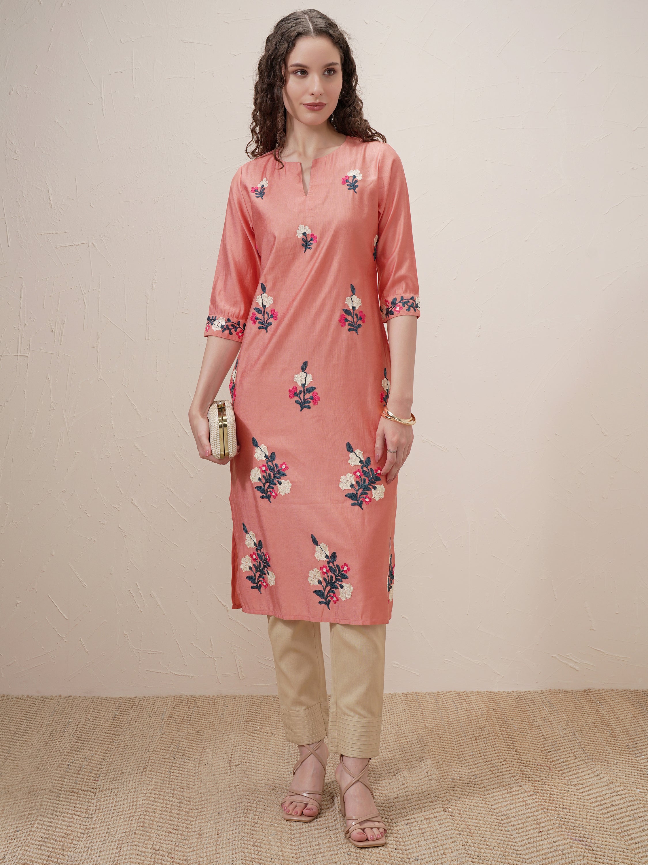 Vishudh Women Peach Embroidered Straight Kurta - Peach - Image 2