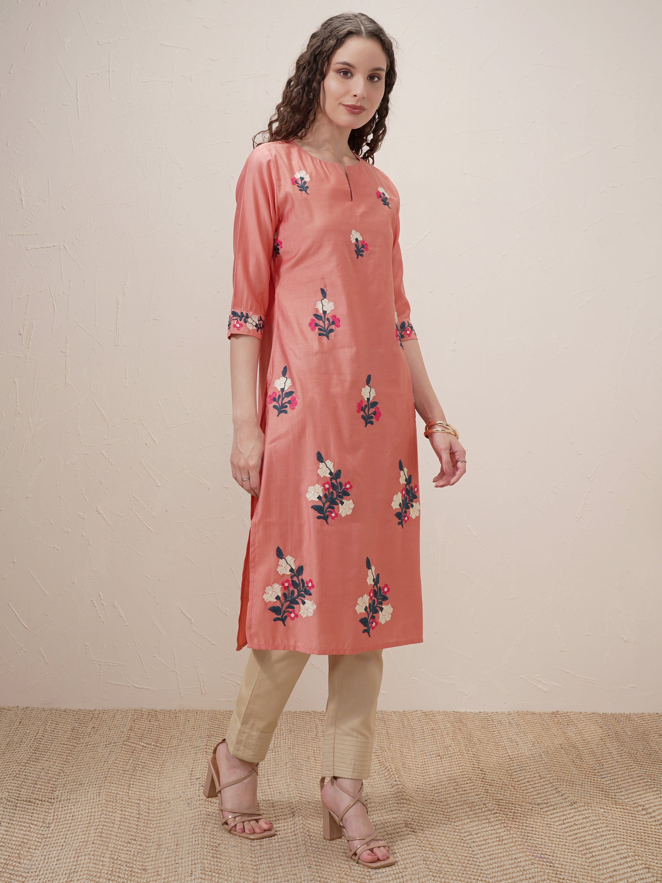 Vishudh Women Peach Embroidered Straight Kurta - Peach - Image 6