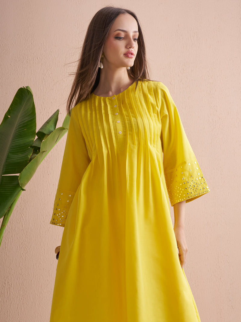 Vishudh Women Yellow Embroidered A-Line Kurta - Yellow - Image 1