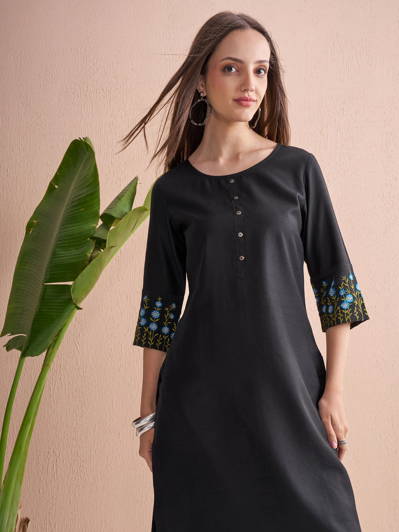 Vishudh Women Black Embroidered Straight Kurta - Black - Image 1