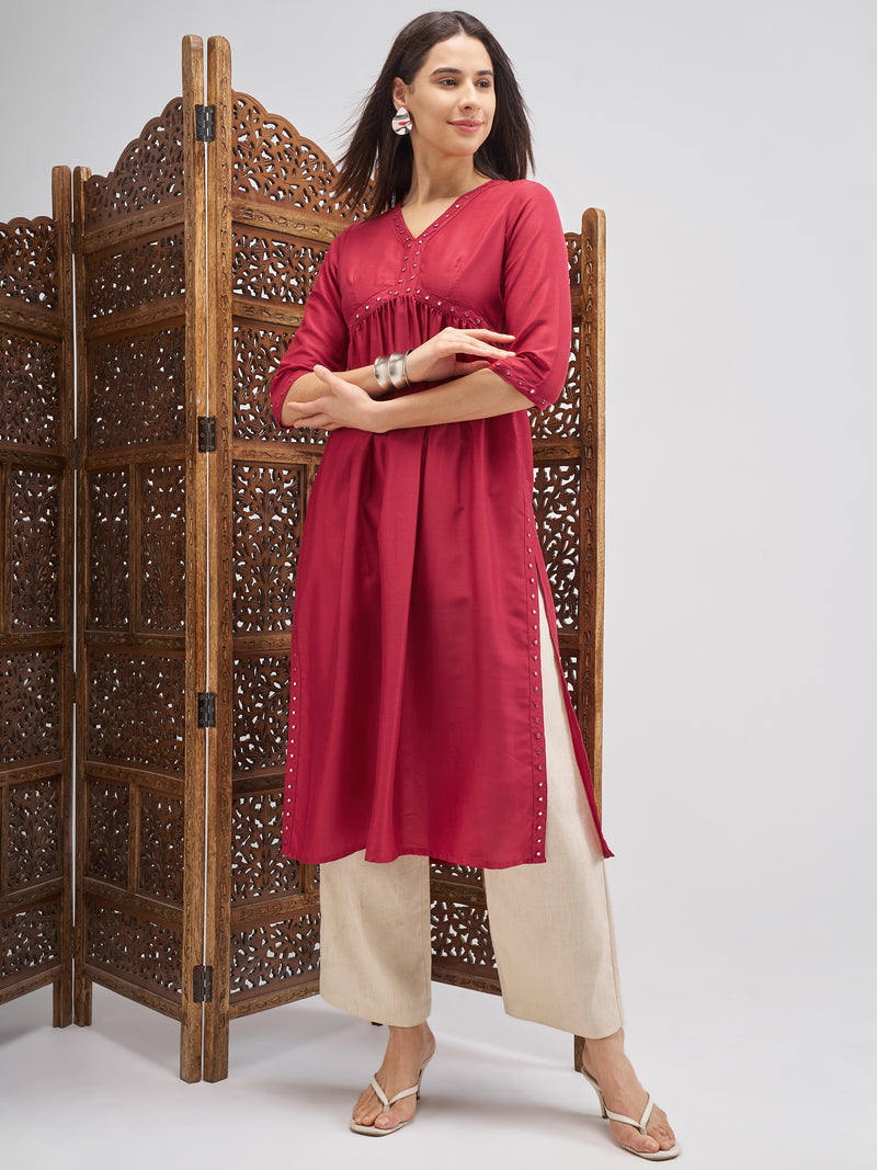 Vishudh Women Maroon Embroidered Straight Kurta - Maroon - Image 1