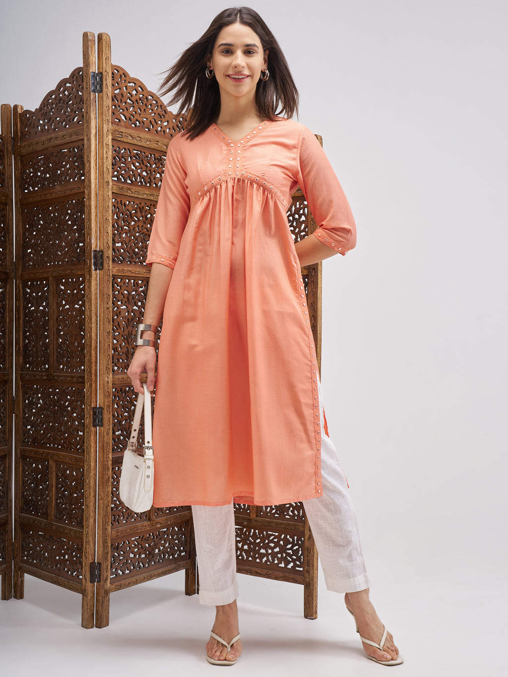 Vishudh Women Peach Embroidered Straight Kurta - Peach - Image 1