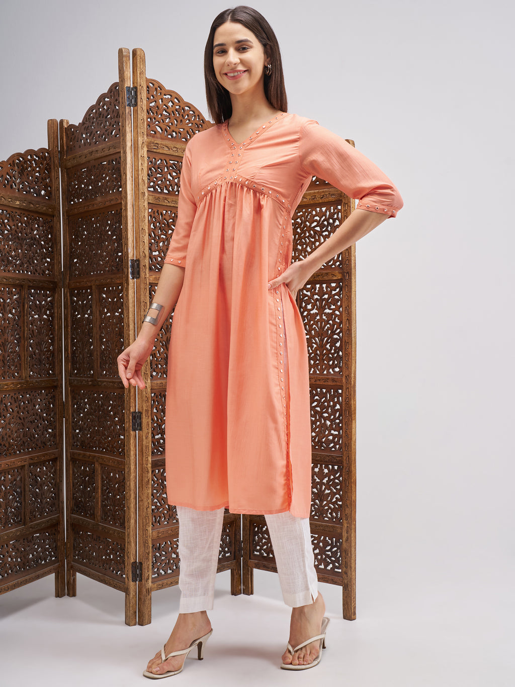 Vishudh Women Peach Embroidered Straight Kurta - Peach - Image 2